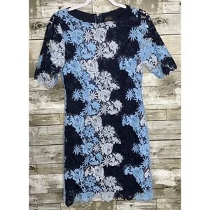 Tahari Arthur Levine Blue Floral Crochet Lace Short Sleeve Sheath Dress 6